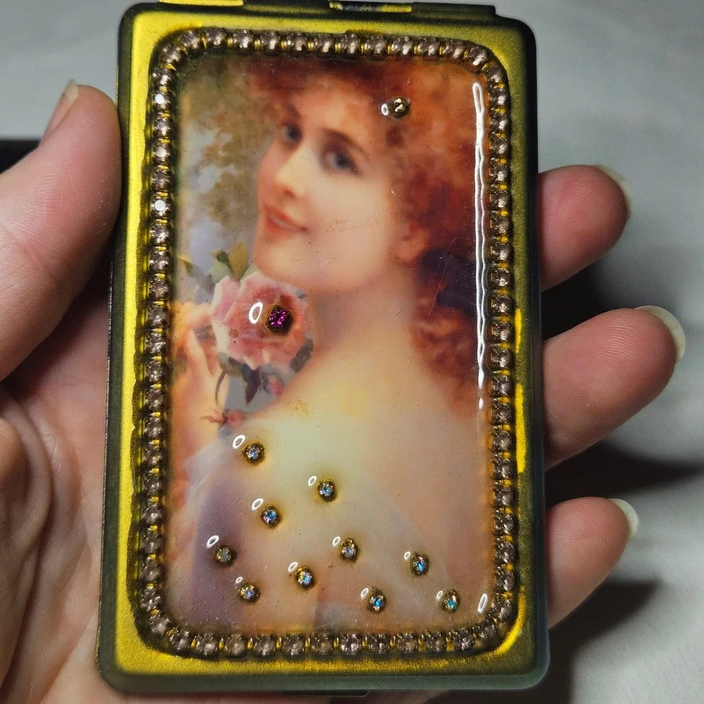 Vintage Portrait Pill Compact Case Gold Rhinestone Gibson Girl Victorian Vibe